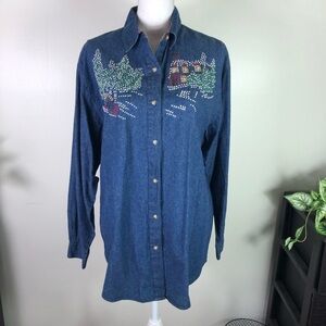 Carroll Reed women vintage embroidered cotton denim  collared buttoned shirt L